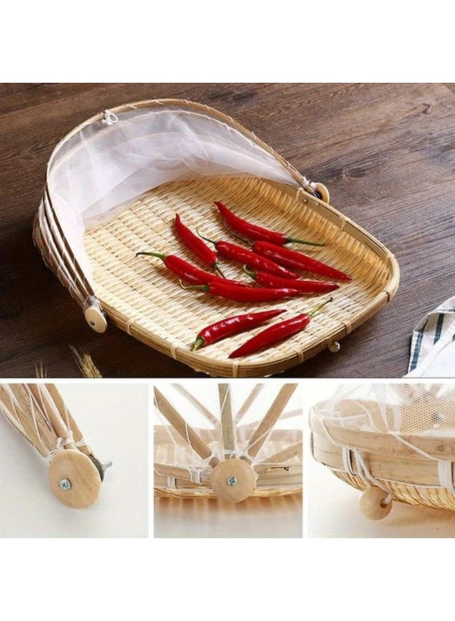 Circle Bamboo Food Storage Basket With Mesh Cover For Picnic Home Indoor Outdoor - Image 3